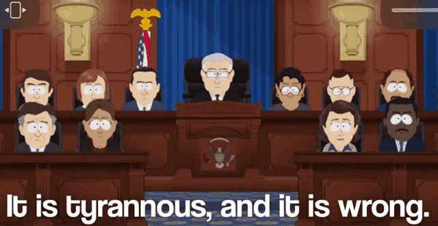 a cartoon illustration of a courtroom with the words it is tyrannous and it is wrong