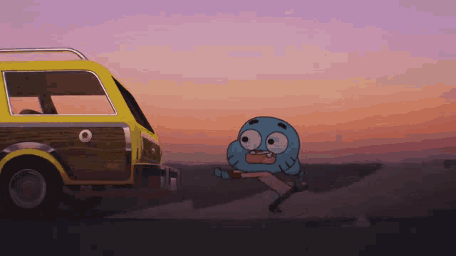 gumball from the amazing world of gumball runs towards a yellow van