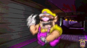 a pixel art of wario giving the middle finger in a hallway