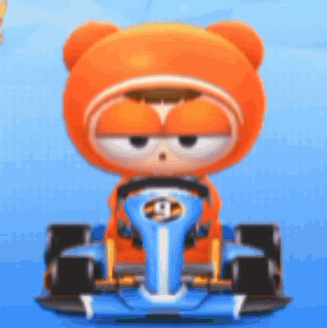 a cartoon character is sitting in a blue and orange race car .