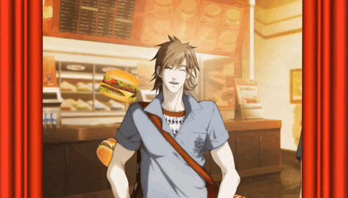 a man in a blue shirt is smiling in front of a mcdonalds menu