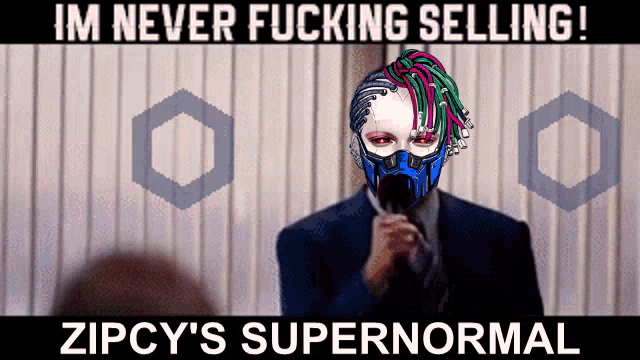 a man in a suit and tie is speaking into a microphone with the words " im never fucking selling " written above him