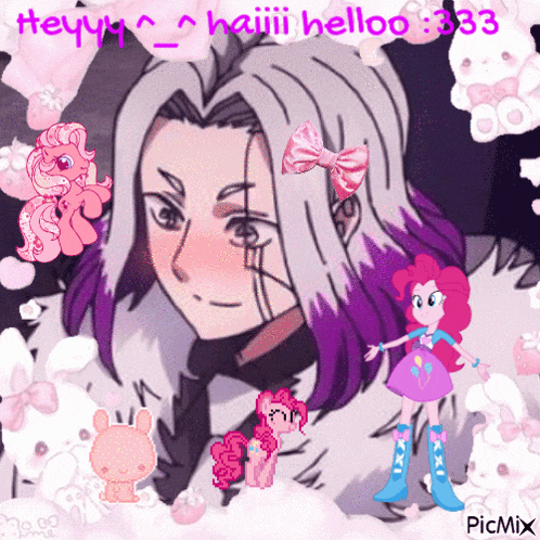 a picture of a boy with purple hair and pink ponies with the words heyy haiii helloo 333 on the bottom