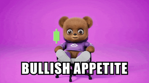 a teddy bear is sitting in a chair with the words bullish appetite written below him