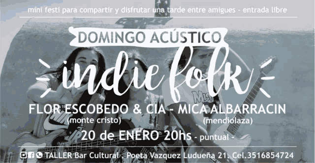 a poster for indie folk shows a man and woman playing guitars