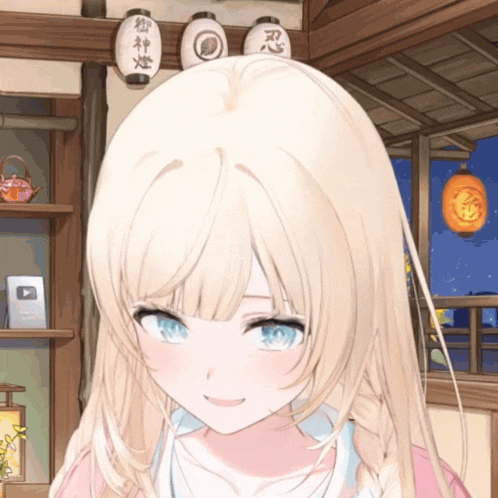 a girl with blonde hair and blue eyes is smiling in front of lanterns that say ninja