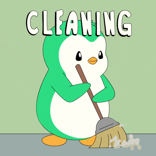 a cartoon penguin is sweeping the floor with the word cleaning above it