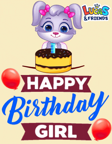 a lucas and friends birthday card with a rabbit on a cake