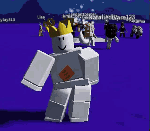 a white roblox character with a crown on his head is standing in front of a blue background