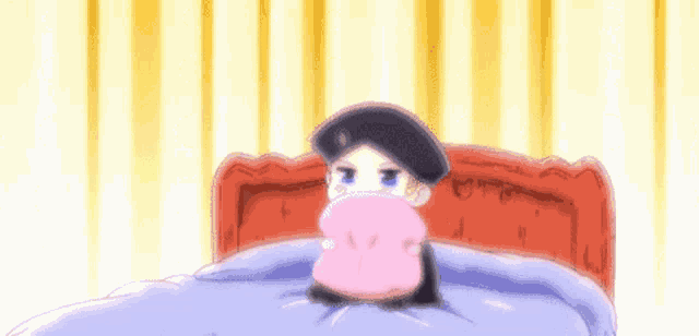 a cartoon character is sitting on a bed with a pillow