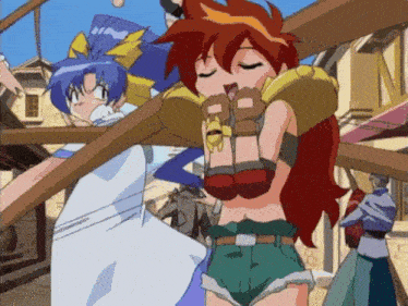 a cartoon of a girl with red hair and a blue haired girl standing next to her