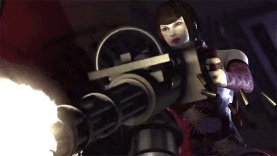 a woman in a red dress is holding a gun and shooting it