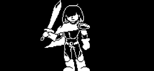 a pixel art of a person holding a sword in a dark room .