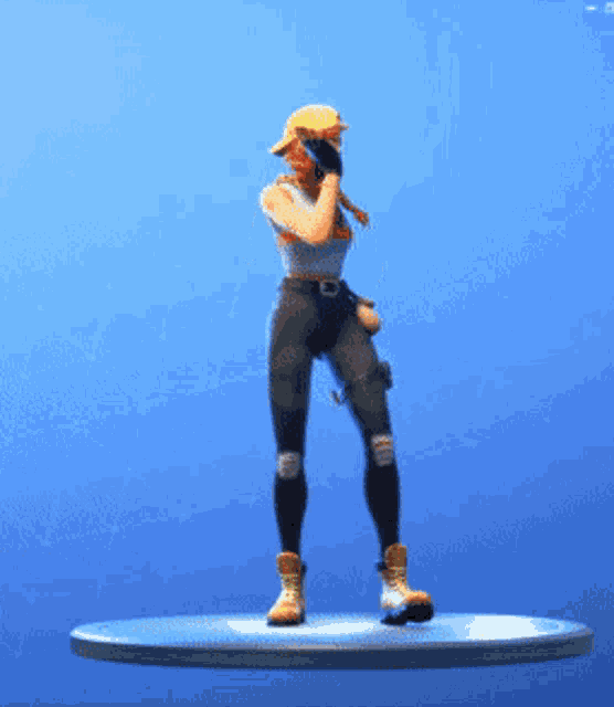 a video game character is standing on a pedestal and covering her face with her hand
