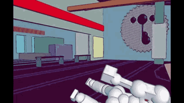 a cartoon drawing of a room with a sheep on a wall