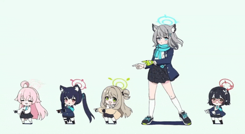 a group of anime girls are standing next to each other with one pointing