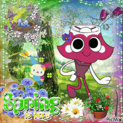a picture of a cartoon character with the words spring is here on it