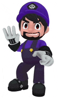 a cartoon character in a purple hat and overalls is waving .