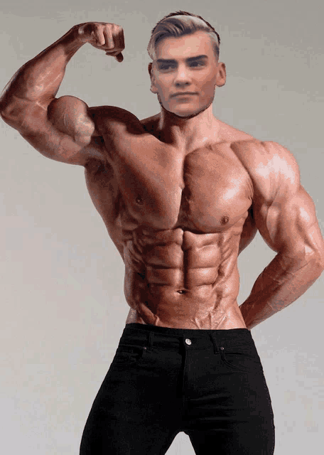 a very muscular man is flexing his muscles and has a fake face on his head