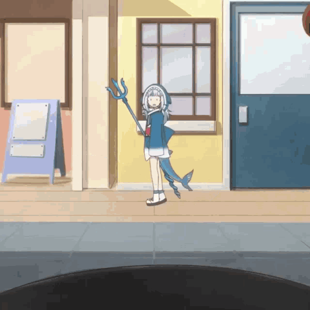 a girl in a shark costume is holding a trident in front of a window
