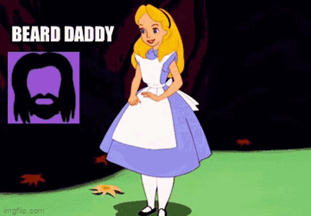 a cartoon of alice from alice in wonderland with a beard