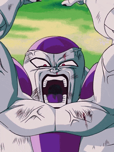 a cartoon character with a purple head and a white body
