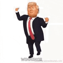 donald trump is wearing a suit and tie and is running .