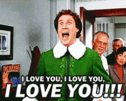 a man in a green jacket says " i love you " in front of a group of people