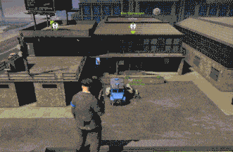 a screenshot of a video game shows a man standing in front of a building with a truck parked in front of it