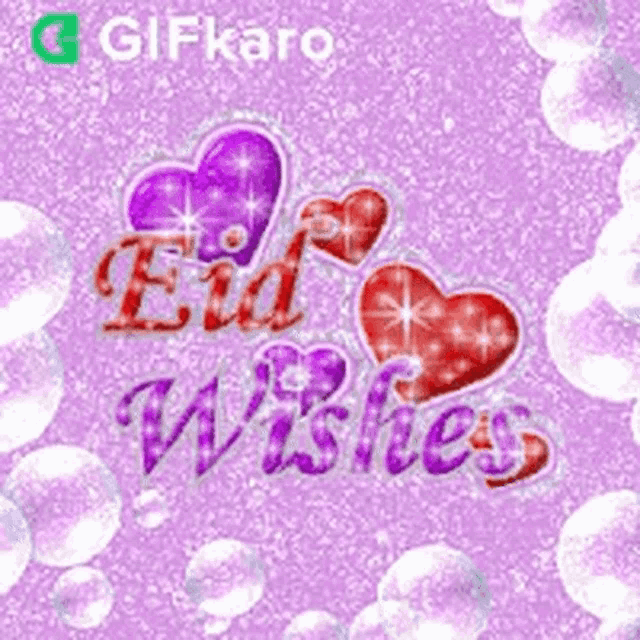 a purple background with red hearts and the words `` eid wishes '' .