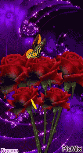 a bunch of red roses with a yellow butterfly on them