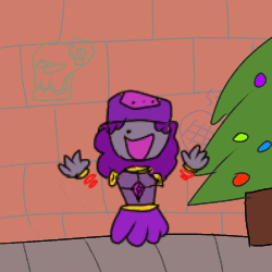 a cartoon drawing of a woman in a purple dress standing next to a christmas tree ..