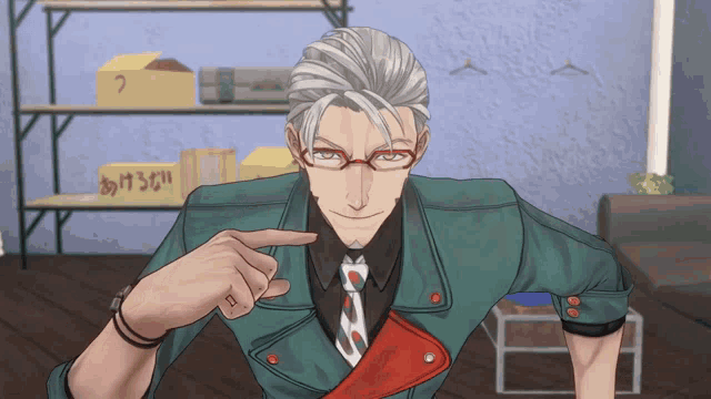 a man wearing glasses and a green jacket points to a box that has a question mark on it