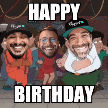 a happy birthday greeting card with a group of men