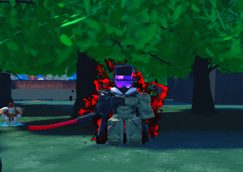 a video game character with a purple hat and a sword