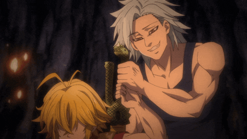 a man is holding a snake while another man is holding a sword