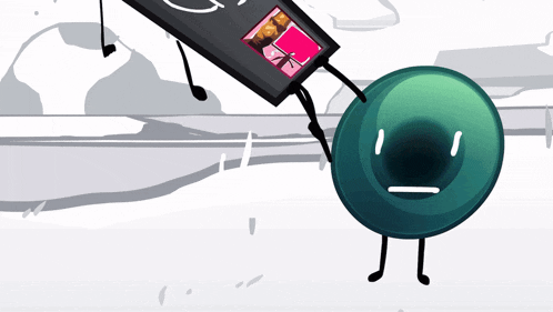 a cartoon drawing of a green object with a black hole in its face