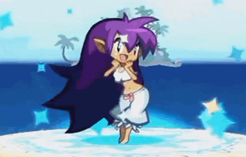 a cartoon character with purple hair is dancing on a blue background