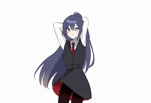 a girl with long dark hair is wearing a black vest and a red tie
