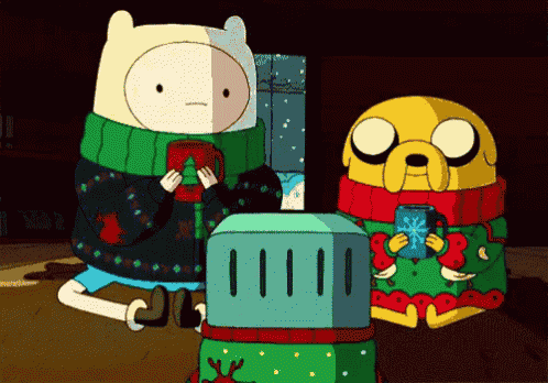 finn and jake from adventure time wearing sweaters and scarves