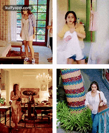 a collage of four pictures of a woman standing in different rooms