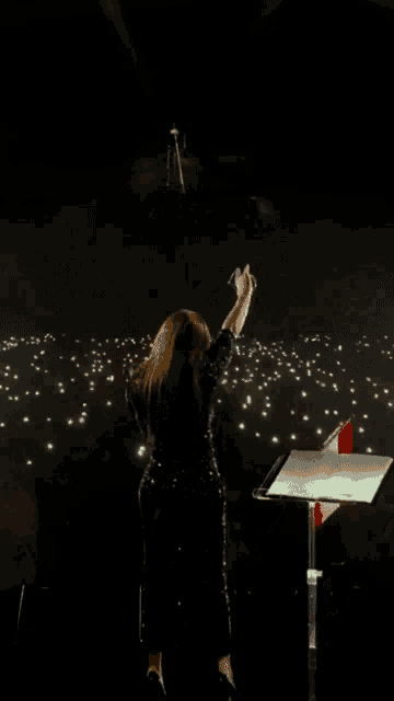 a woman in a sequined dress stands on a stage with her arms in the air