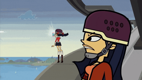 a cartoon of a girl wearing a helmet looking out over the water