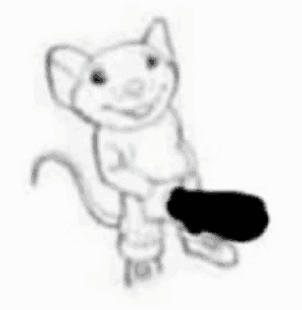 a black and white drawing of a mouse standing next to a black object on a white background .