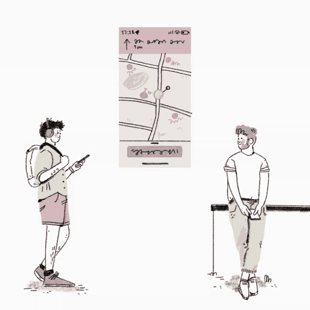 a drawing of two people standing next to each other with a phone displaying a map and the time being 17:16