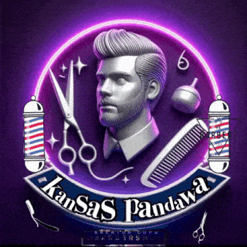 a logo for kansas pandawa shows a bearded man with scissors and a comb