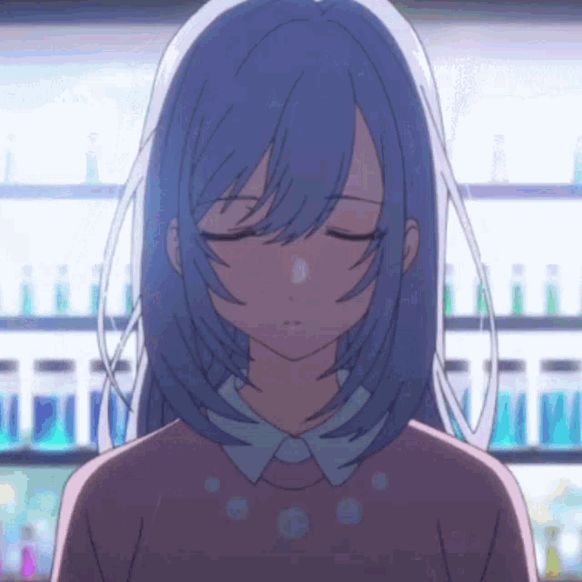 a girl with blue hair is standing with her eyes closed in front of a vending machine