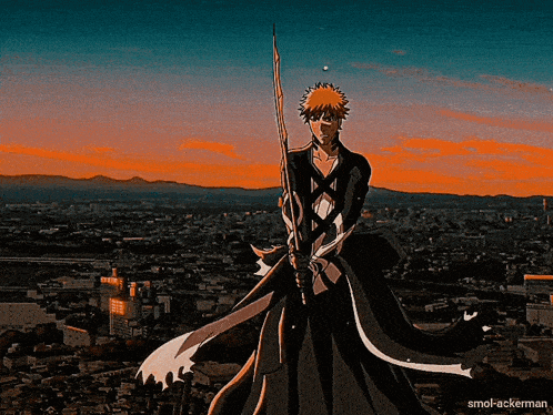a man holding a sword in front of a city with smo-ackerman written on the bottom right