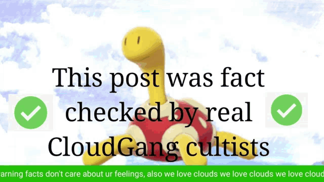 a picture of a turtle with the words " this post was fact checked by real cloudgang cultists "