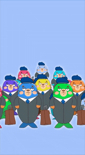 a group of cartoon characters wearing suits and hats holding briefcases